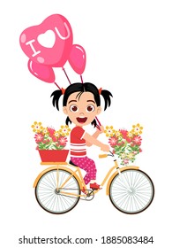 Happy cute kid girl character riding bicycle with love balloons heart shape and flowers