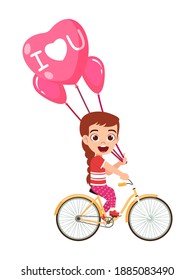 Happy cute kid girl character riding bicycle with love balloons heart shape