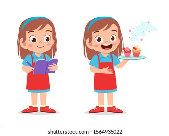 Happy Cute Kid Girl Chef Cook In Kitchen Vector