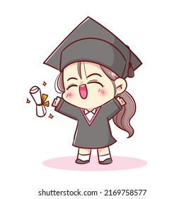 Happy Cute Kid Girl Children In Graduation Gown And Cap At Graduation Ceremony Hand Drawn Cartoon Character Illustration