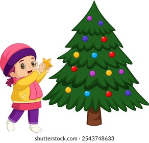 happy cute kid girl decorates christmas tree. Funny cartoon character. Vector illustration. Isolated on white background of illustration