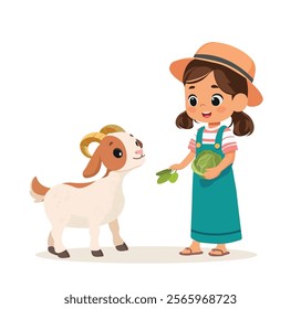 happy cute kid girl farmer feeding goat vector