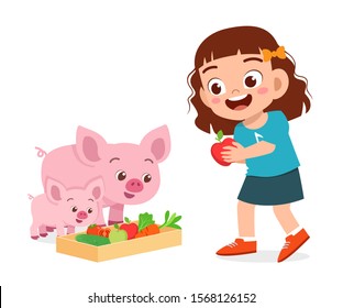 feliz niña linda alimentando al adorable cerdo vectorial