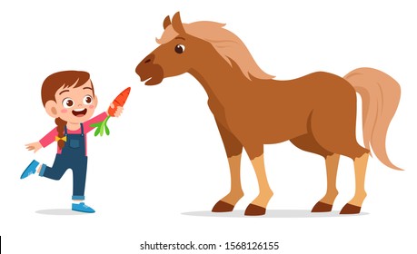 happy cute kid girl feeding cute horse vector