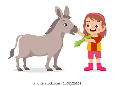 happy cute kid girl feeding cute donkey vector