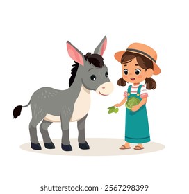 happy cute kid girl feeding cute donkey vector