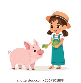 happy cute kid girl feeding cute pig vector