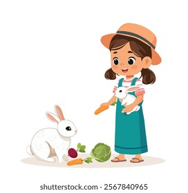 happy cute kid girl feeding cute rabbits vector