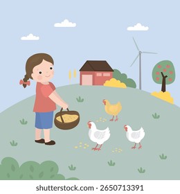 Feliz menina bonito alimentando frango bonito. Garoto com comida para galinhas. Agricultura e agricultura. Criação com aves domésticas e gado na fazenda. Exibição rural. ilustração de vetor plana