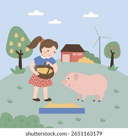 Feliz menina bonito alimentando porco bonito. Garoto com comida para porcos. Agricultura e agricultura. Criação com gado doméstico na fazenda. Exibição rural. ilustração de vetor plana
