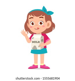 Happy Cute Kid Girl Holding Milk Box