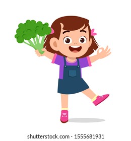 happy cute kid girl holding fresh vegetable