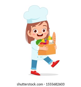 happy cute kid girl holding fresh groceries