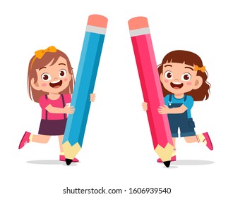 Happy Cute Kid Girl Holding Big Pencil