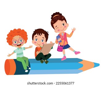 happy cute kid girl holding big pencil