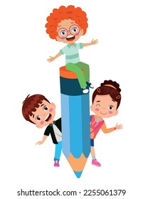happy cute kid girl holding big pencil