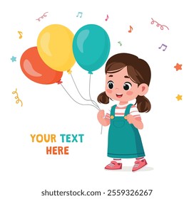 happy cute kid girl  holding balloon with place for text 