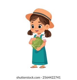 happy cute kid girl holding fresh vegetable cabbage