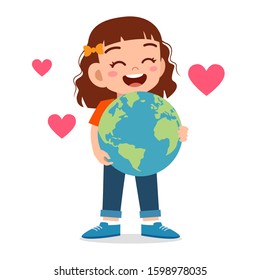 Happy Cute Kid Girl Hug Small Earth