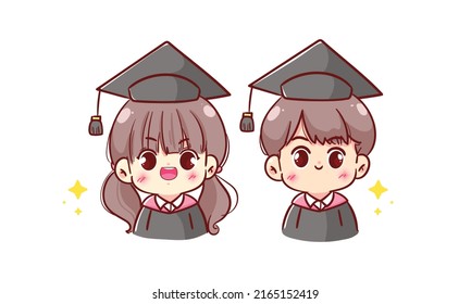 Happy cute kid girl kawaii children in graduation gown and cap at graduation ceremony hand drawn cartoon character illustration