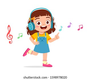 happy cute kid girl listen to music