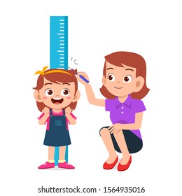 Happy Cute Kid Girl Measuring Height With Mom Vector