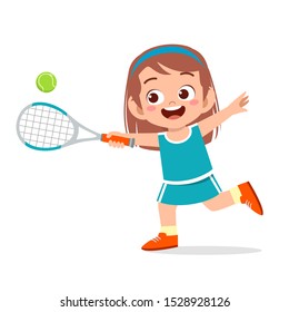 happy cute kid girl play train tennis