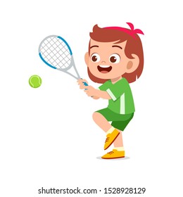 happy cute kid girl play train tennis