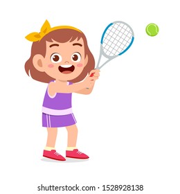 happy cute kid girl play train tennis