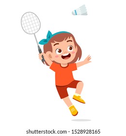 Happy Cute Kid Girl Play Train Badminton