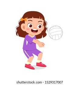 Happy Cute Kid Girl Play Volleyball