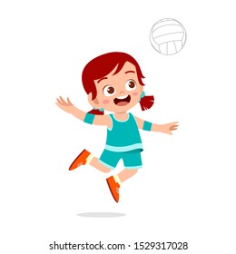 happy cute kid girl play volleyball