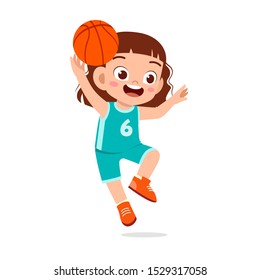 happy cute kid girl play basketball