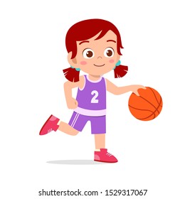 happy cute kid girl play basketball