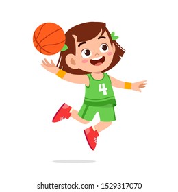 happy cute kid girl play basketball