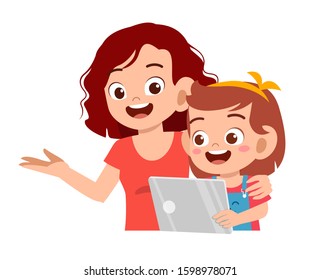 Happy Cute Kid Girl Play Tablet With Mom