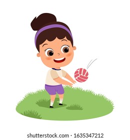 happy cute kid girl play volleyball vector illustration