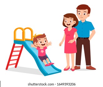 happy cute kid girl play slide with mom and dad