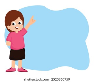 happy cute kid girl with pointing finger to blank space