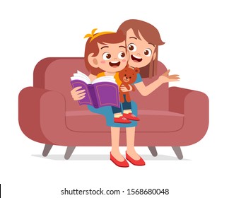 happy cute kid girl reads book with mom