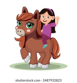 happy cute kid girl riding cute horse vector.