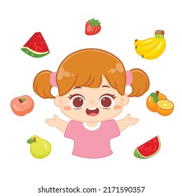 Happy cute kid girl showing healthy fruit food cartoon
