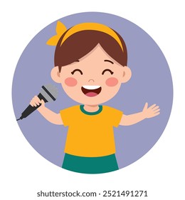 Happy cute kid girl sing a song with a microphone Illustration