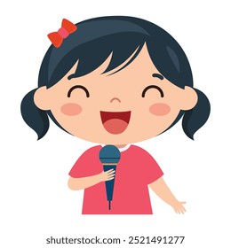 Menina menina bonito feliz cantar uma música com um microfone Ilustração