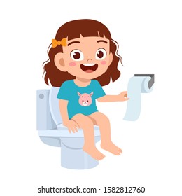 Happy Cute Kid Girl Sit On The Toilet