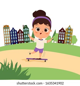Happy cute kid  girl skating on skateboard. Skateboarding ride. Flat style character vector illustration isolated on white background.