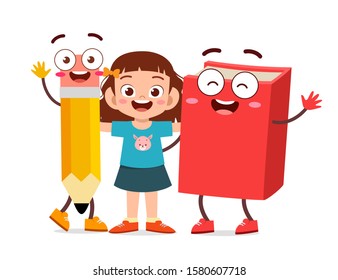 happy cute kid girl stand with book and pencil