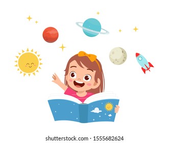happy cute kid girl study planet and science