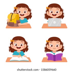 happy cute kid girl study in school set
