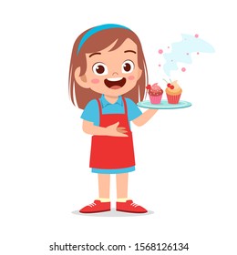 happy cute kid girl try cooking cupcake vector